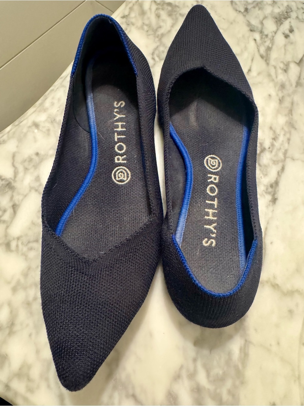 Rothy's Pointed Knit Flats in Navy with Blue Trim